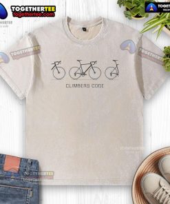 Alt Text: Premium Minimalistic Ash Classic Bicycles Climbers Code Washed T-Shirt displayed on a wooden background.
