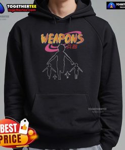 Premium Naruto weapons hoodie featuring Japanese text and retro anime design with a Naruto ninja run illustration.