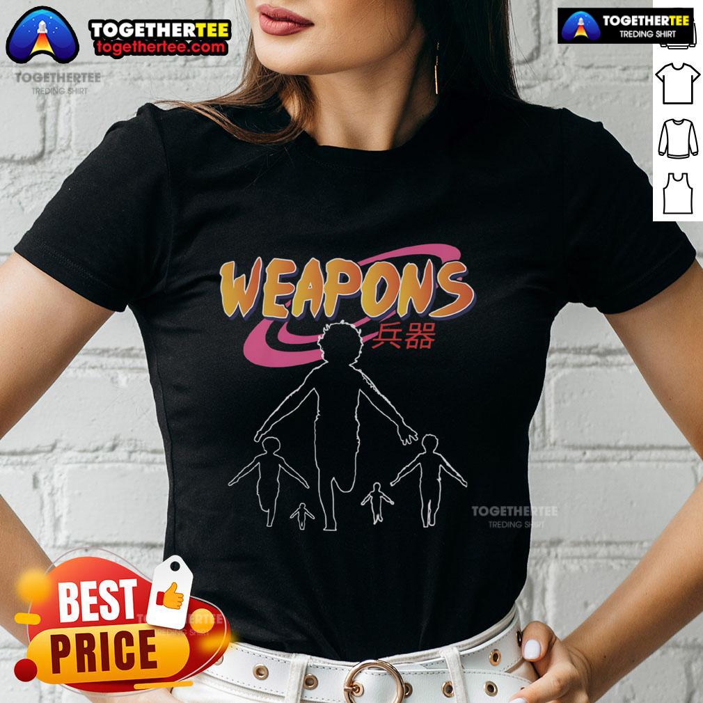 Premium Naruto Weapons Japanese Text Naruto Ninja Run Retro Anime Ladies Tee Alt Text: Premium Naruto Weapons Tee featuring Japanese text and Naruto ninja run design for retro anime lovers.