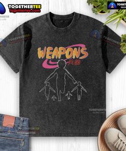 Premium Naruto Weapons T-shirt featuring Japanese text and Naruto ninja run design in a retro washed style.