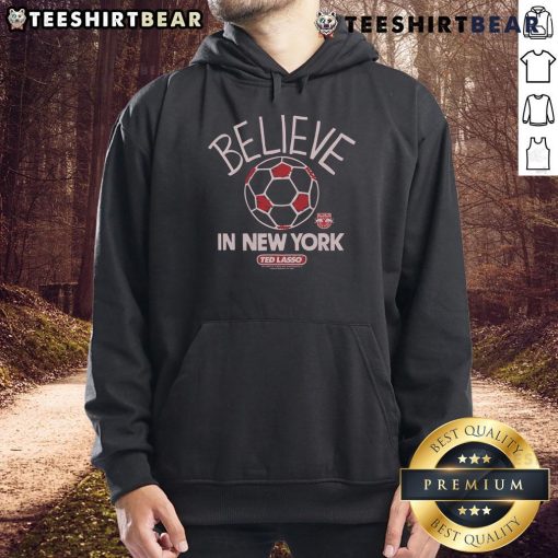 Alt Text: Premium New York Red Bulls Homage MLS x Ted Lasso Believe Hoodie featuring vibrant team colors and logo design.