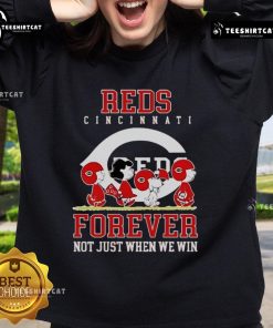 Premium peanuts sweatshirt featuring Charlie Brown, Snoopy, and Cincinnati Reds baseball slogan: 'Forever, Not Just When We Win.'