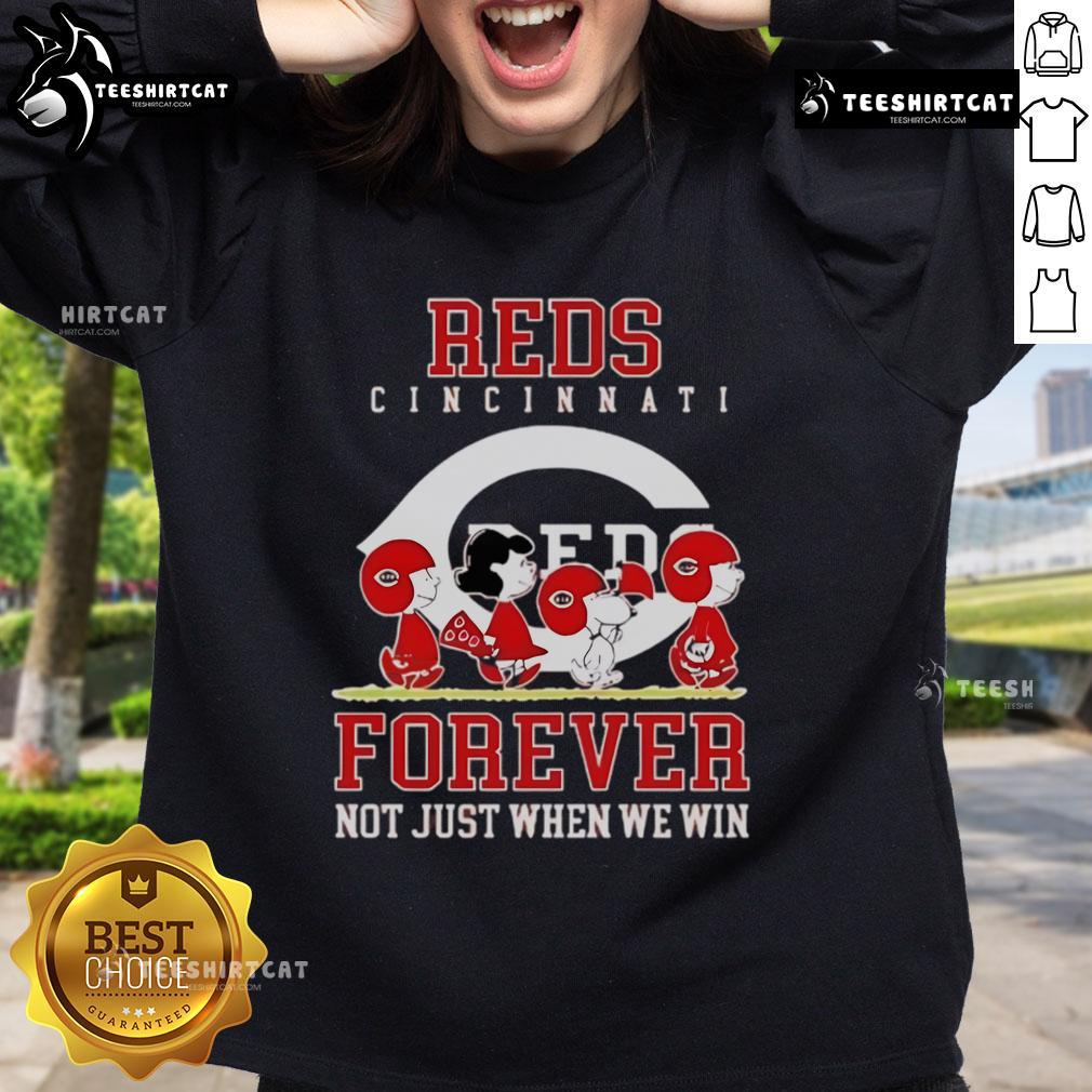 Premium Peanuts Charlie Brown Snoopy Cincinnati Reds Baseball Forever Not Just When We Win Sweatshirt Premium peanuts sweatshirt featuring Charlie Brown, Snoopy, and Cincinnati Reds baseball slogan: 'Forever, Not Just When We Win.'