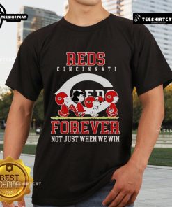 Premium Peanuts Charlie Brown Snoopy Cincinnati Reds Baseball T-Shirt celebrating fandom, 'Forever Not Just When We Win' design.