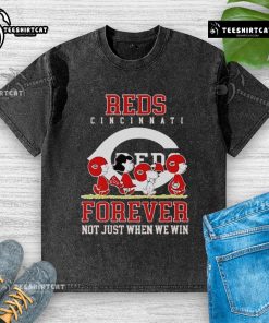Premium Peanuts Charlie Brown Snoopy Cincinnati Reds baseball t-shirt showcasing 'Forever, Not Just When We Win' design.