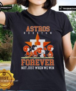 Alt Text: Premium Peanuts Charlie Brown Snoopy Houston Astros baseball ladies tee with Forever, Not Just When We Win slogan.
