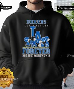 Premium Peanuts hoodie featuring Charlie Brown, Snoopy, and Los Angeles Dodgers design: 'Baseball Forever, Not Just When We Win.'