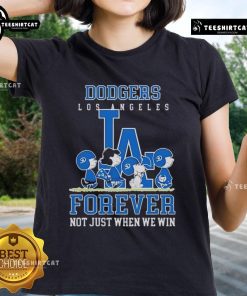 Premium Peanuts Charlie Brown Snoopy Dodgers tee for ladies, celebrating baseball fandom with style and comfort.