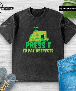 Alt Text: Premium Press F to Pay Respects Zombie Gamer Meme Halloween Washed T-Shirt featuring a spooky graphic design.