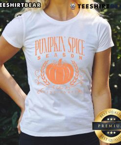 Premium Pumpkin Spice Season Ladies Tee in autumn colors, perfect for cozy fall outfits and celebrating pumpkin spice lovers.