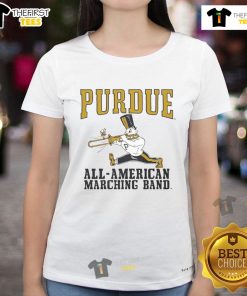 Premium Purdue All American Marching Band Ladies Tee featuring vibrant colors and stylish design for fans.