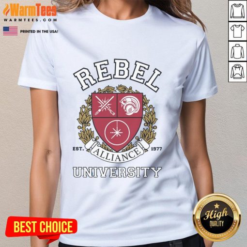Premium Rebel Alliance University Ladies Tee featuring stylish design for fans of Star Wars and casual wear enthusiasts.