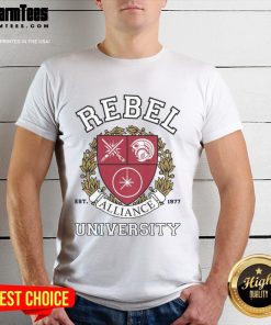 Premium Rebel Alliance University T-Shirt featuring a bold design for fans of the iconic franchise and stylish casual wear.