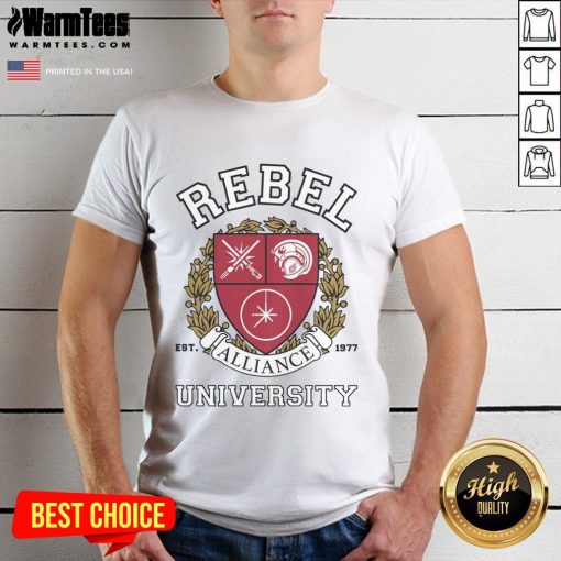 Premium Rebel Alliance University T-Shirt featuring a bold design for fans of the iconic franchise and stylish casual wear.