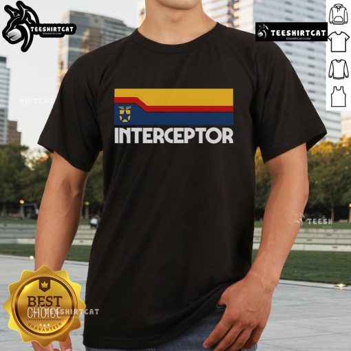 Alt Text: Premium Retro Interceptor Logo T-Shirt featuring a vintage design with bold graphics and vibrant colors.