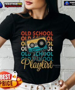Premium retro old school playlist cassette tape graphic on vintage ladies tee, perfect for 80s and 90s music lovers.