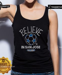 Premium San Jose Earthquakes Homage MLS x Ted Lasso Believe tank top showcasing vibrant team colors and logo.