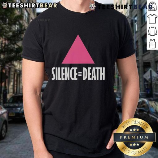 Premium Silence Equal Death Pink Triangle T-Shirt featuring a vibrant pink triangle design, promoting LGBTQ+ awareness.