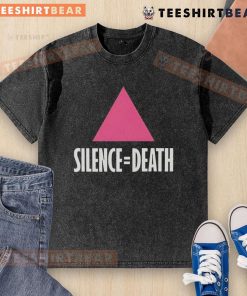 Alt Text: Premium Silence Equal Death Pink Triangle Washed T-Shirt featuring a bold graphic and soft fabric for comfort.