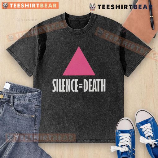 Alt Text: Premium Silence Equal Death Pink Triangle Washed T-Shirt featuring a bold graphic and soft fabric for comfort.