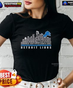 Alt Text: Premium Skyline Detroit Lions players name ladies tee, featuring a stylish design for passionate fans.