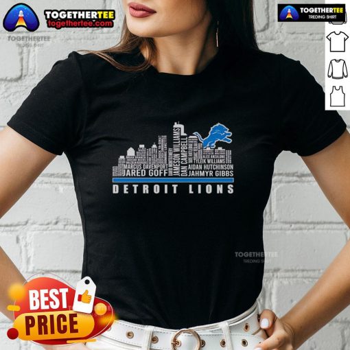 Alt Text: Premium Skyline Detroit Lions players name ladies tee, featuring a stylish design for passionate fans.