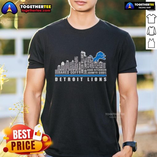 Alt Text: Premium Skyline City Detroit Lions Players Name T-Shirt featuring vibrant team colors and player graphics for fans.