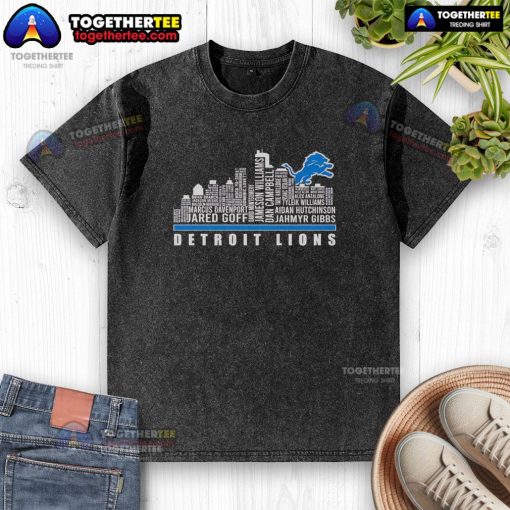 Premium Skyline Detroit Lions players name washed t-shirt featuring vibrant team colors and soft fabric design.