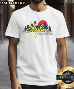 Premium Skyline On My Mind Sunset T-Shirt featuring a vibrant sunset skyline design for stylish summer wear.