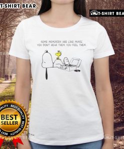 Premium Snoopy ladies tee featuring 'Some memories are like music, you don't hear them, you feel them' quote.