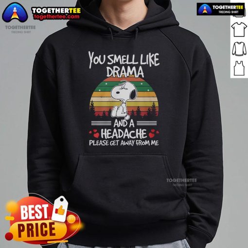 Alt Text: Premium Snoopy hoodie featuring 'You Smell Like Drama And A Headache' with a vintage sunset design.
