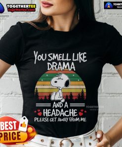 Premium Snoopy tee featuring 'You Smell Like Drama And A Headache' design on a vintage sunset background for ladies.