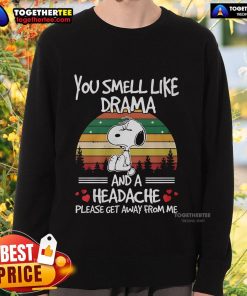 Alt Text: Vintage sunset sweatshirt featuring Snoopy with the phrase You Smell Like Drama And A Headache in bold lettering.
