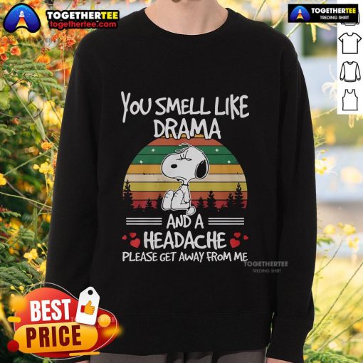 Alt Text: Vintage sunset sweatshirt featuring Snoopy with the phrase You Smell Like Drama And A Headache in bold lettering.
