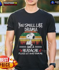 Premium Snoopy T-shirt featuring 'You Smell Like Drama And A Headache' design with a vintage sunset backdrop.