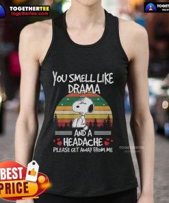 Vintage sunset tank top featuring Snoopy with 'You Smell Like Drama And A Headache' text for stylish casual wear.
