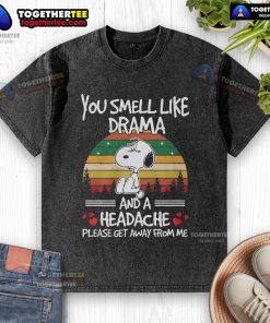 Premium Snoopy You Smell Like Drama And A Headache vintage sunset washed t-shirt design featuring playful graphics.