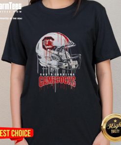 Premium South Carolina Gamecocks dripping football helmet ladies tee, perfect for game day and showcasing team spirit.