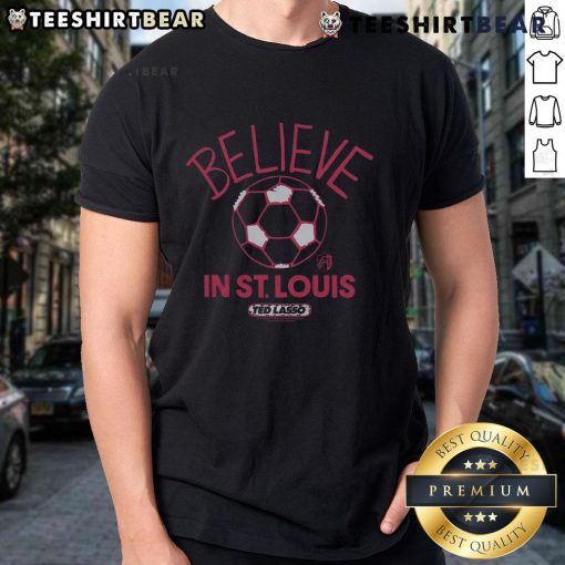 Alt Text: Premium St. Louis City SC Homage MLS x Ted Lasso Believe T-Shirt featuring vibrant colors and a stylish design.