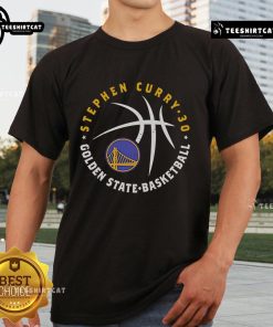 Premium Steph Curry Golden State Warriors player ball T-shirt featuring vibrant team colors and iconic player graphics.