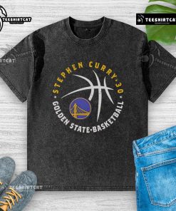 Premium Steph Curry Golden State Warriors player ball washed t-shirt featuring vibrant team colors and logo.