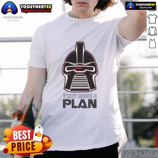 Alt Text: Premium The Cylons Have A Plan T-Shirt featuring a stylish design inspired by classic sci-fi themes. Perfect for fans!