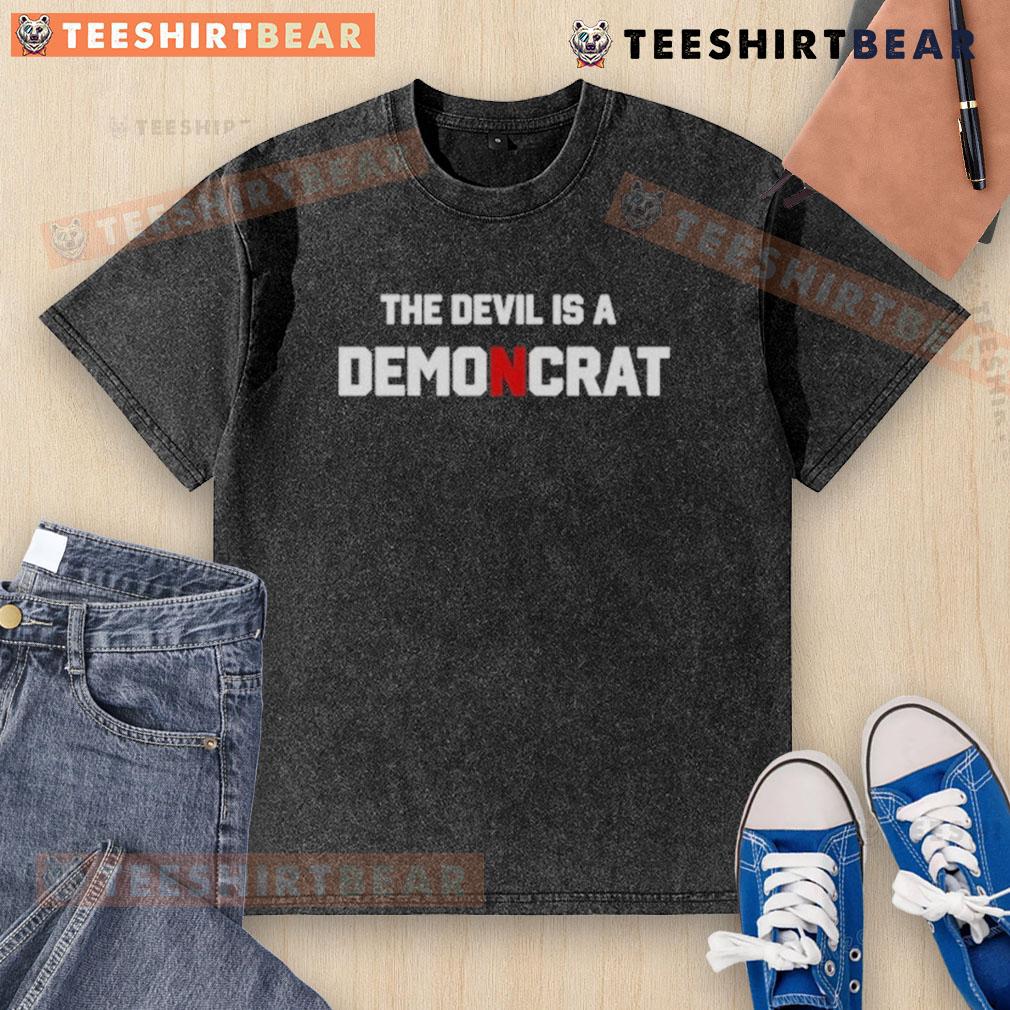 Premium The Devil Is A Demoncrat Washed T Shirt Premium washed t-shirt featuring 'The Devil Is A Demoncrat' design, perfect for political humor and casual wear.