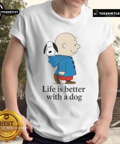 Premium The Peanuts Life Is Better With A Dog T-Shirt featuring a playful graphic of Snoopy with a dog, perfect for dog lovers.