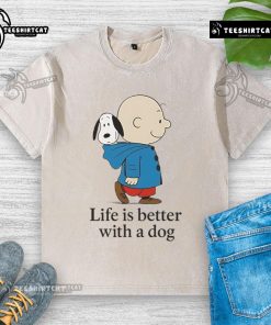 Premium Peanuts 'Life is Better With a Dog' washed t-shirt featuring vibrant graphics and soft fabric for dog lovers.