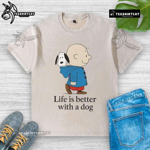 Premium Peanuts 'Life is Better With a Dog' washed t-shirt featuring vibrant graphics and soft fabric for dog lovers.