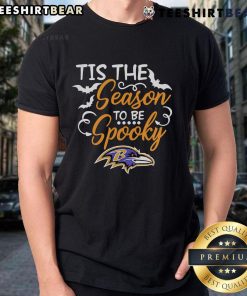 Premium Tis The Season To Be Spooky Baltimore Ravens T-Shirt featuring festive graphics and team colors for Halloween.