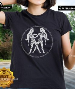 Alt Text: Premium Tribal Gemini Twins Silhouette on a Circular Zodiac Design for Ladies Tee, showcasing a stylish astrology theme.