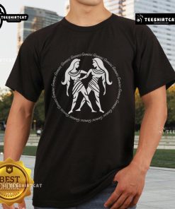 Alt Text: Premium Tribal Gemini Twins Silhouette on a Circular Zodiac T-Shirt, showcasing repeated Gemini design for astrology lovers.