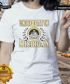 Premium University of Michigan Wolverines laurels logo ladies tee in navy, perfect for fans and stylish casual wear.